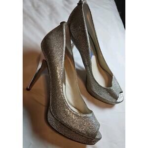 MICHAEL KORS Silver Sparkle Glitter YORK Platform Peep Toe Pumps Heels Sz 8 $130